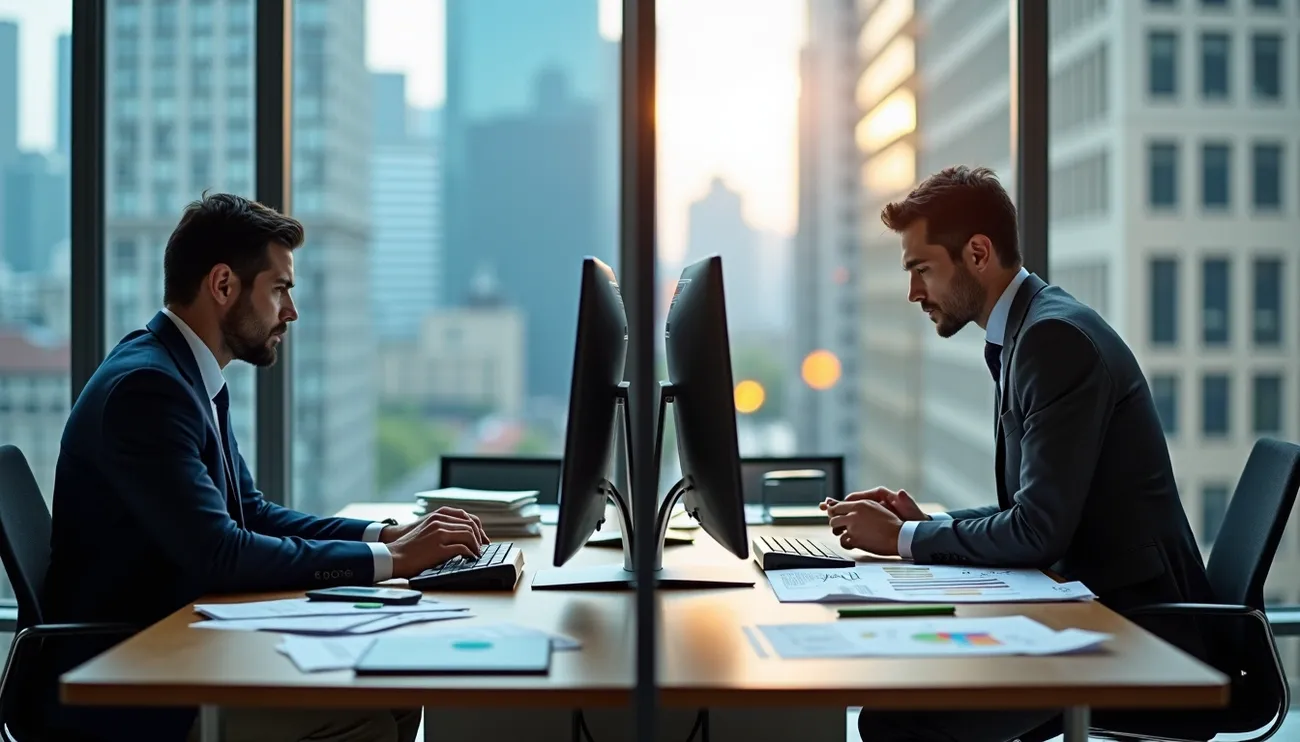 Two business professionals in suits work at adjacent desks with dual monitors in a modern office overlooking a cityscape.