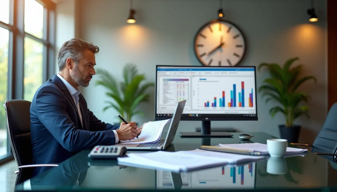 Professional in a suit working at a desk with financial charts on a monitor and documents in a modern office.