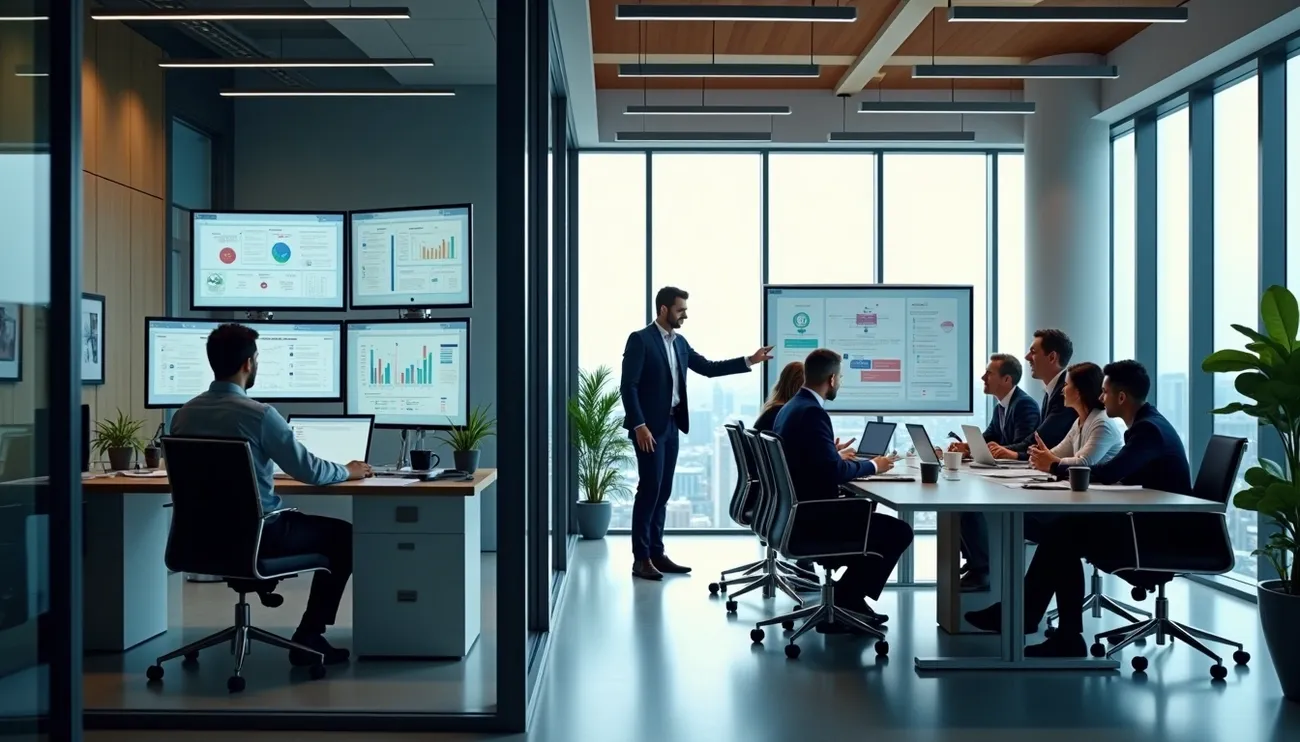 Business professionals in a modern office analyzing financial data on multiple screens during a team meeting.