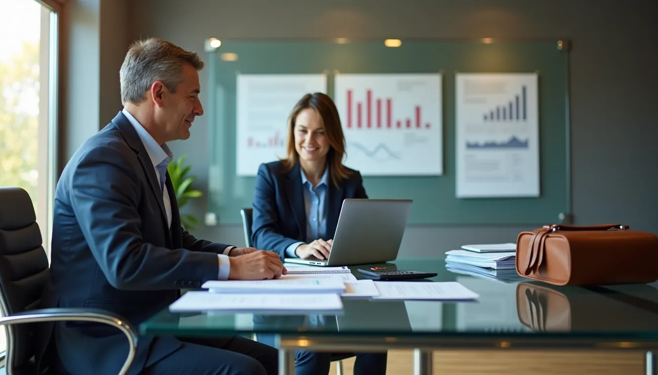 Two professionals in business suits discuss financial charts and documents in a modern office setting.